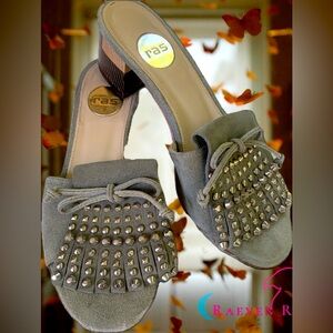 RAS Seafoam Studded Fringe Mules with Bow Detail